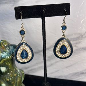 Dark blueish green tear drop/pear shaped rhinestone and enamel pierced earrings